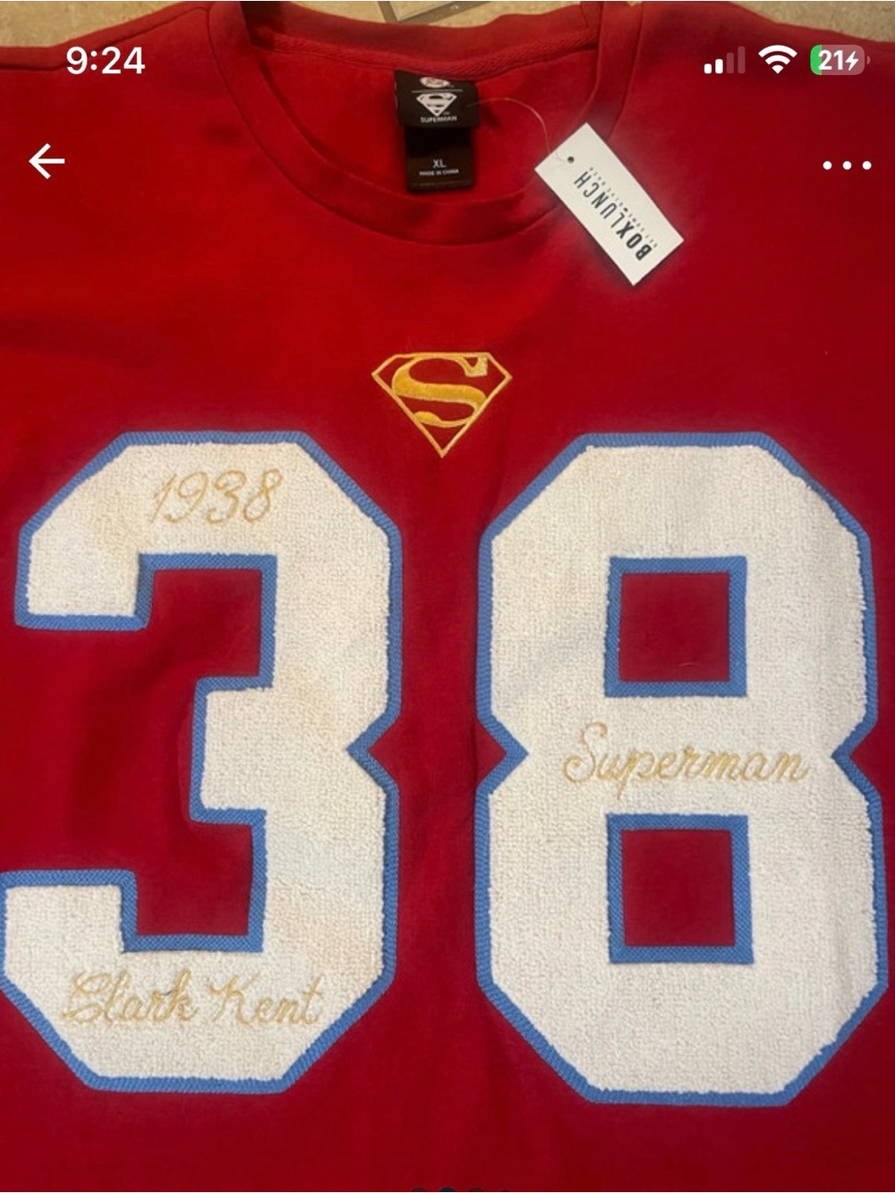 DC Comics Superman Red Crewneck Sweater with White '38' Applique and Blue Trim - Picture 2 of 5